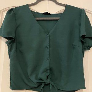 Green Crop Top Button Up Tie Front